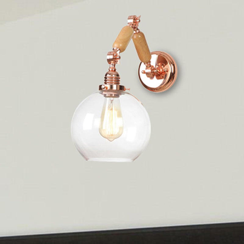 BowLift | 1 Bulb Globe Wall Mounted Light Fixture Rustic Rose Gold Clear Glass Lighting with Retractable Arm