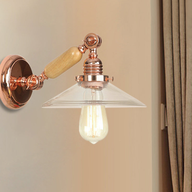 BowLift | 1 Light Clear Glass Wall Light Rustic Rose Gold Cone Living Room Lighting with Rotatable Arm