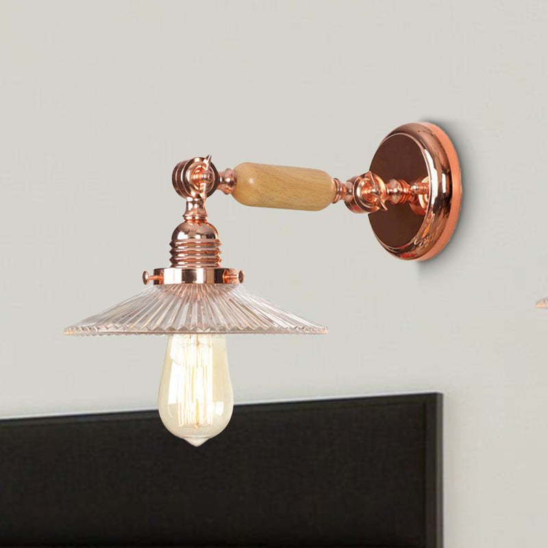 BowLift | Ribbed Glass Pink Gold Wall Lamp Saucer 1-Light Industrial Wall Lamp Mounting for Living Room