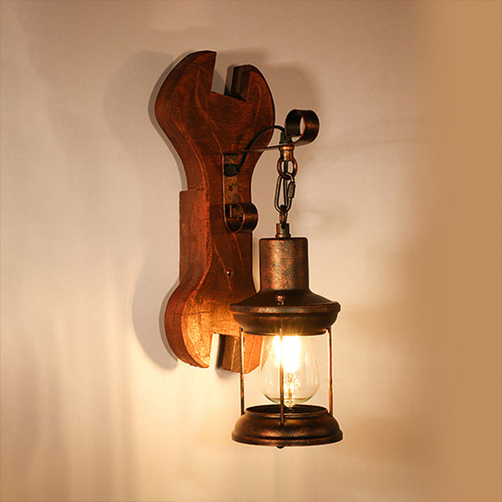BowLift | Rust One-Light Wall Light Coastal Clear Glass Lantern Lighting Fixture with Wood Back Plate