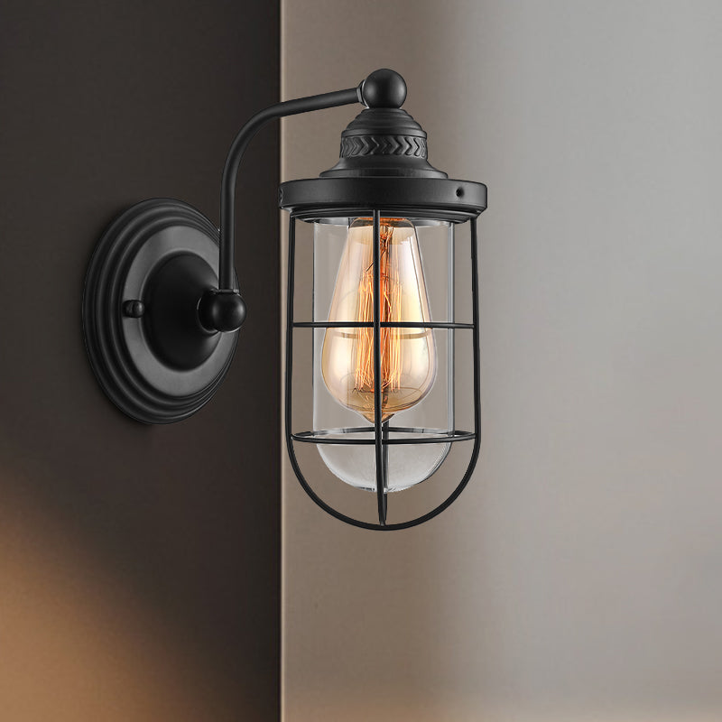 BowLift | Industrial wire cage wall lighting 1/2-lamp clear glass wall lamp in black for stairs.