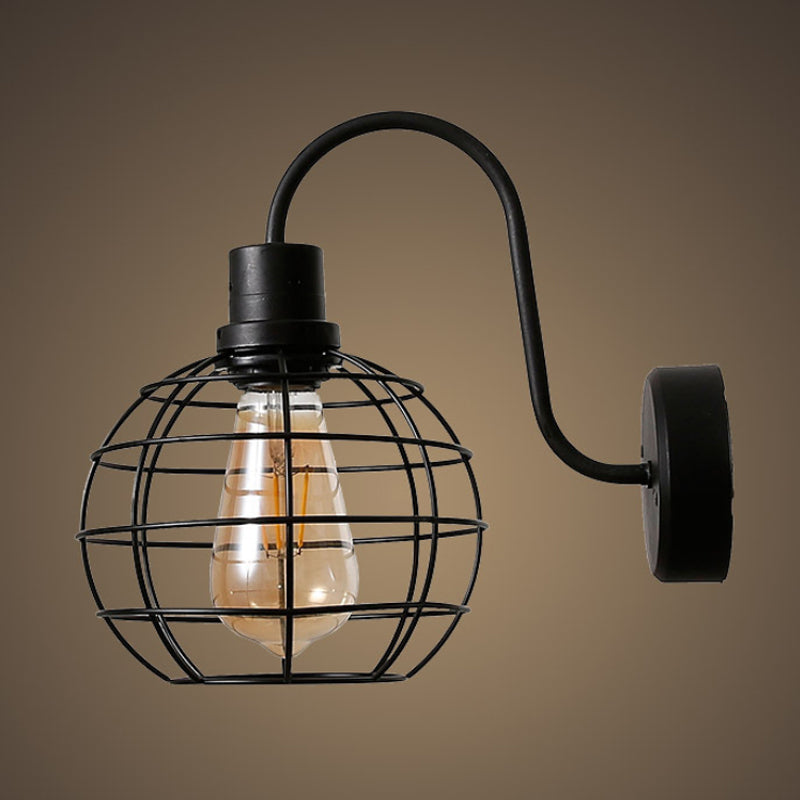 BowLift | 1 Bulb Wall Light Retro Style Wire Global Cage Metal Wall Light in Black for Living Room