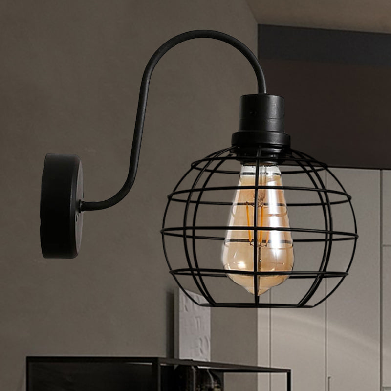 BowLift | 1 Bulb Wall Light Retro Style Wire Global Cage Metal Wall Light in Black for Living Room