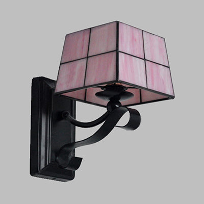 BowLift | Pink/Blue/Beige Square Wall Lamp Tiffany Style Colored Glass 1 Light Wall Mount Fixture for Bedroom