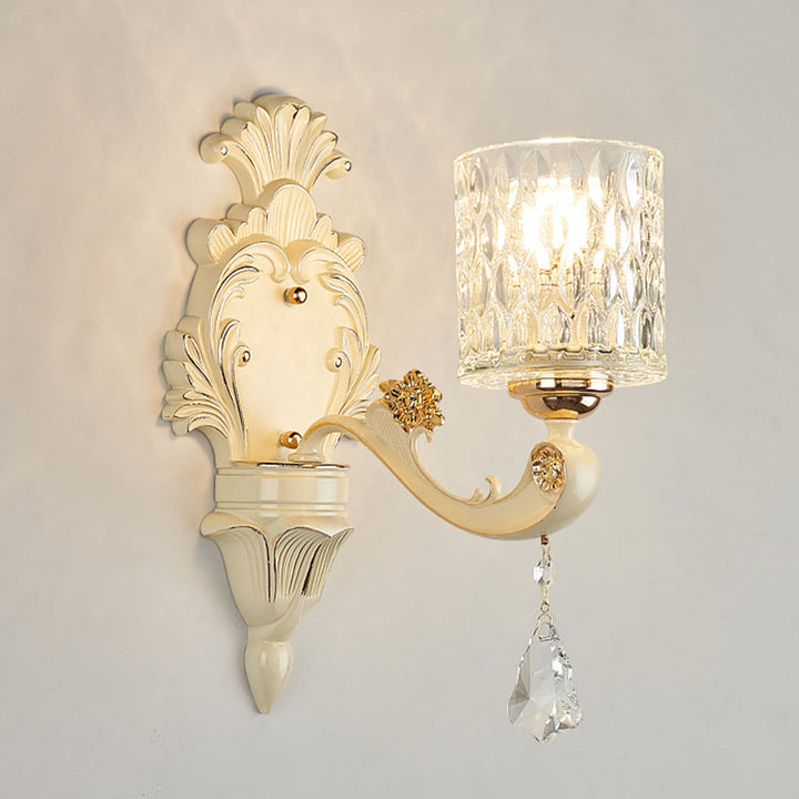 BowLift | Cylinder Wall Light Modern Clear Dimpled Glass 1/2 Heads Gold Wall Mounted Light with Crystal Drops