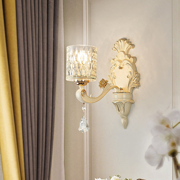 BowLift | Cylinder Wall Light Modern Clear Dimpled Glass 1/2 Heads Gold Wall Mounted Light with Crystal Drops