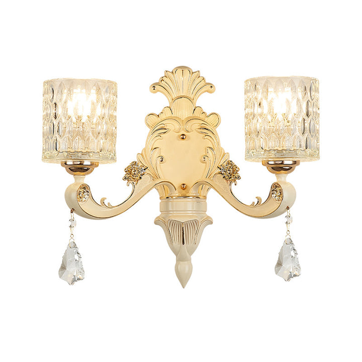 BowLift | Cylinder Wall Light Modern Clear Dimpled Glass 1/2 Heads Gold Wall Mounted Light with Crystal Drops