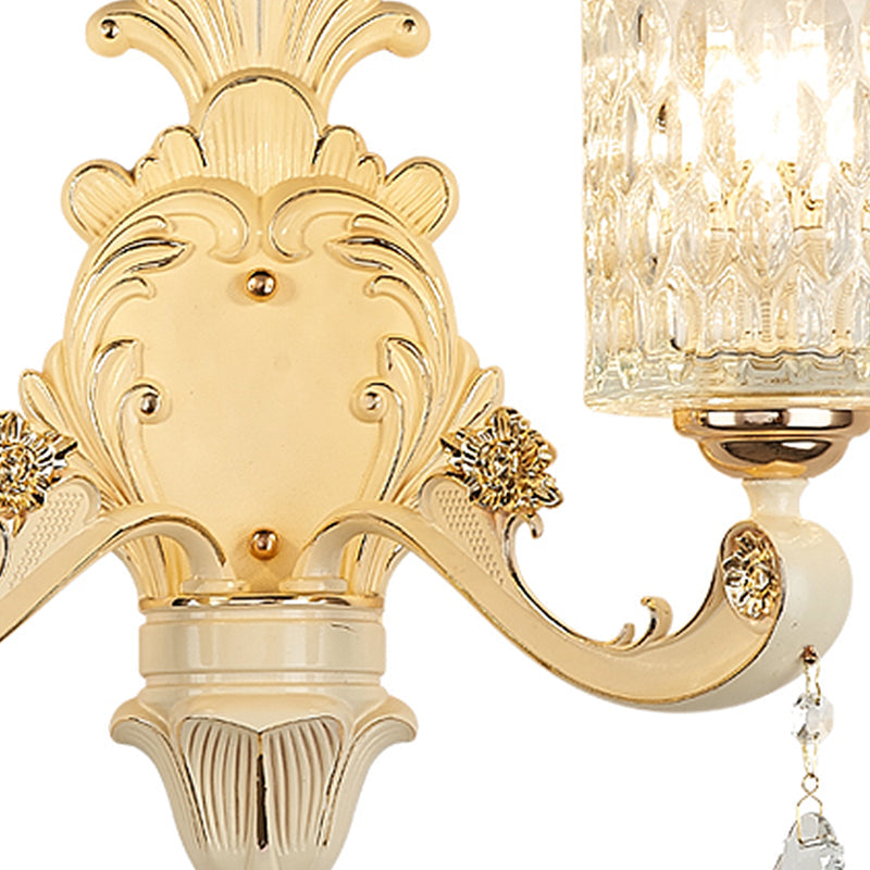 BowLift | Cylinder Wall Light Modern Clear Dimpled Glass 1/2 Heads Gold Wall Mounted Light with Crystal Drops