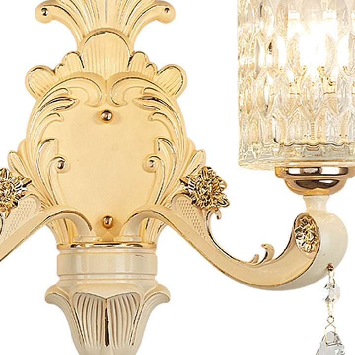 BowLift | Cylinder Wall Light Modern Clear Dimpled Glass 1/2 Heads Gold Wall Mounted Light with Crystal Drops