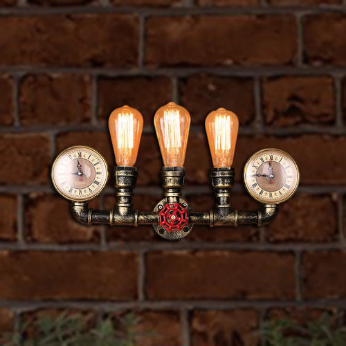 BowLift | Antique Brass Pipe Wall Lamp Rustic Stylish 3 Heads Wrought Iron Wall Lamp Fixture with Manometer and Valve Deco