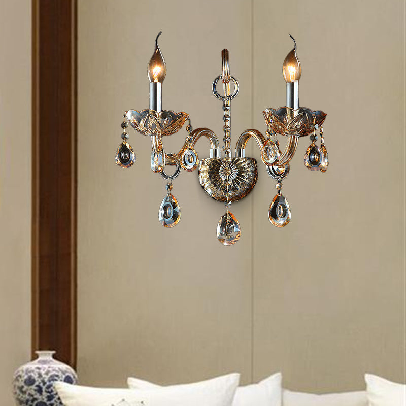 BowLift | Amber Glass Candle Holder Light Modernism 1/2 Heads Bedroom Wall Light Lamp with Crystal Drop Accent