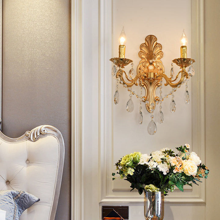 BowLift | Candle Holder Wall Lamp Postmodern Metal 1/2 Heads Living Room Sconce Lamp in Brass with Crystal Drop Accent