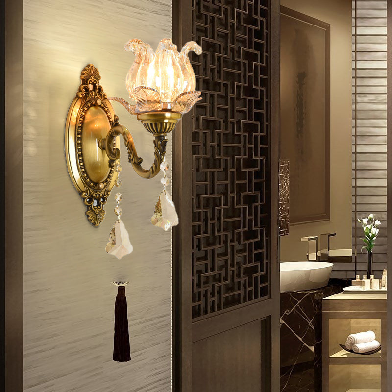 BowLift | Clear Glass Flower Wall Mounted Light Modern 1/2 Heads Brass Wall Light with Crystal Drops