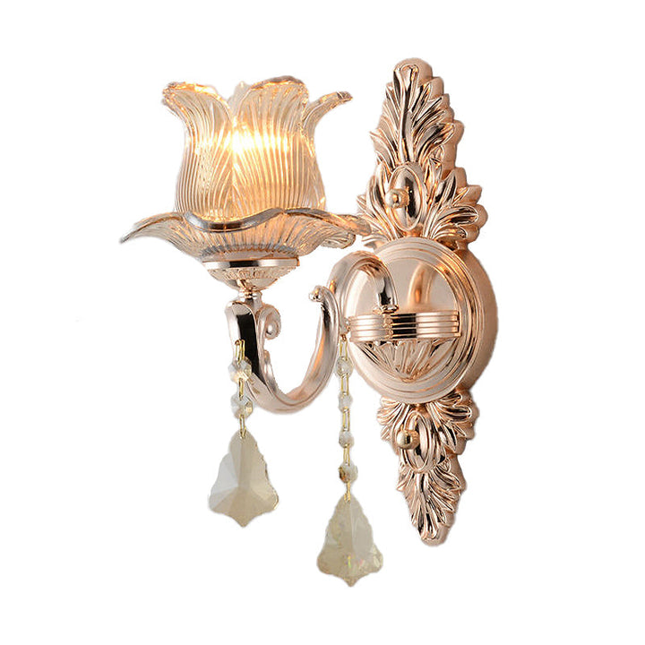 BowLift | Flower Wall Mounted Light Source Modern Prism Glass 1/2 Heads Brass Wall Lamp with Crystal Drop Accent