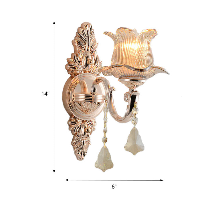 BowLift | Flower Wall Mounted Light Source Modern Prism Glass 1/2 Heads Brass Wall Lamp with Crystal Drop Accent