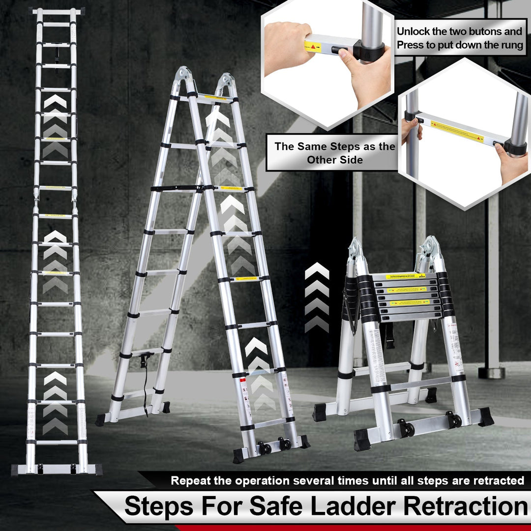 5M Aluminum Telescopic Ladder Folding Ladder with Wheels and Triangle Stabilizer | Bowlift