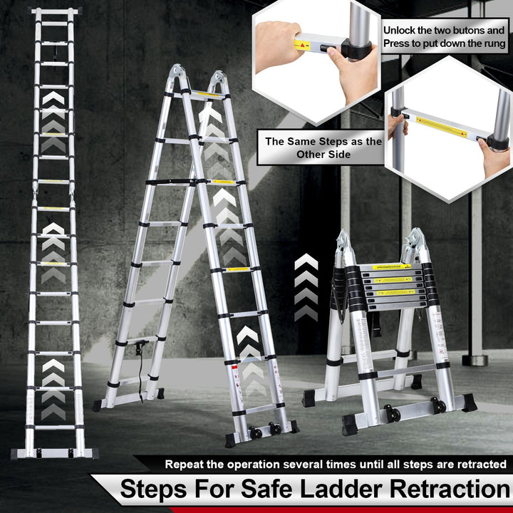 5M Aluminum Telescopic Ladder Folding Ladder with Wheels and Triangle Stabilizer | Bowlift