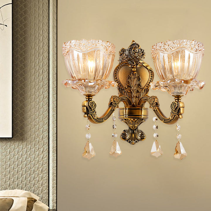 BowLift | Amber Glass Flower Wall Light Modern 1/2 Heads Brass Wall Lamp with K9 Crystal Drops