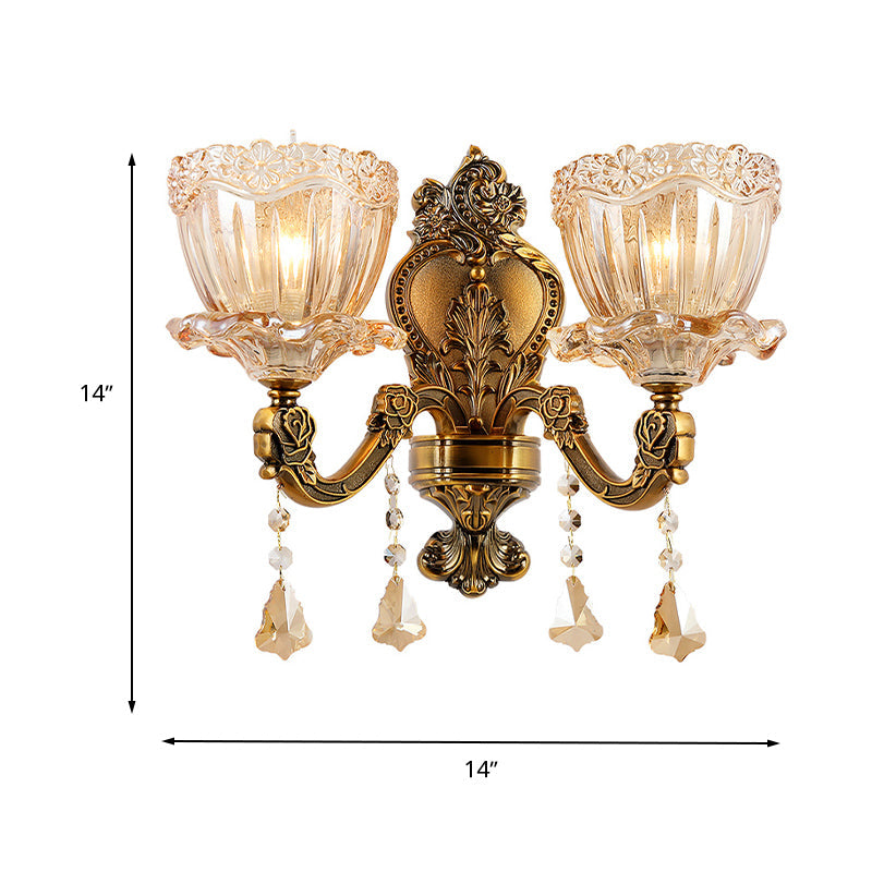 BowLift | Amber Glass Flower Wall Light Modern 1/2 Heads Brass Wall Lamp with K9 Crystal Drops