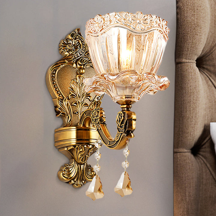 BowLift | Amber Glass Flower Wall Light Modern 1/2 Heads Brass Wall Lamp with K9 Crystal Drops