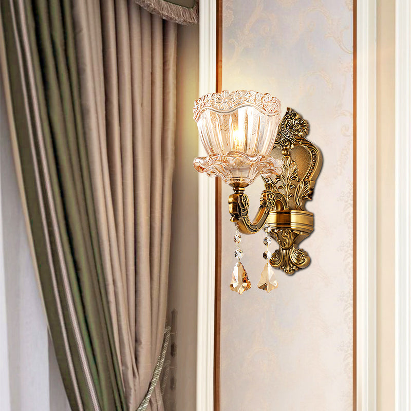 BowLift | Amber Glass Flower Wall Light Modern 1/2 Heads Brass Wall Lamp with K9 Crystal Drops