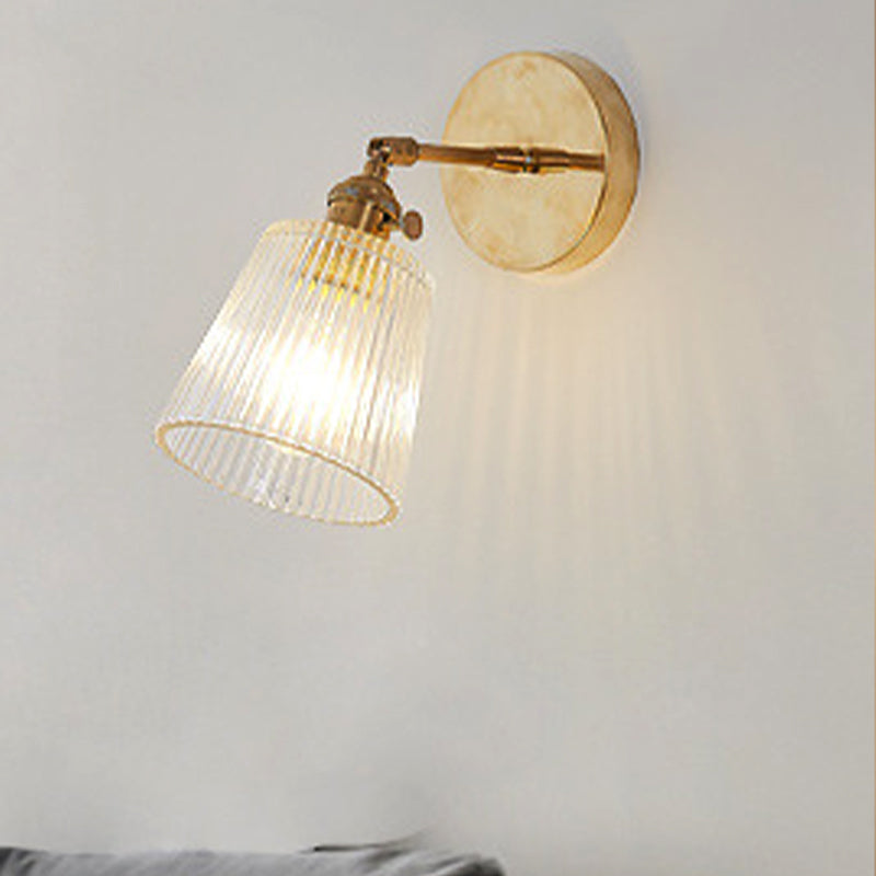 BowLift | 1 Light Clear Ribbed Glass Wall Lamp Light Industrial Brass Cone Living Room Lighting Fixture