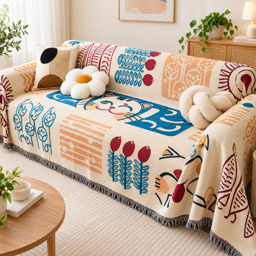 Decorative Fringed Geometric Jacquard Sofa Throw Cover Bowlift