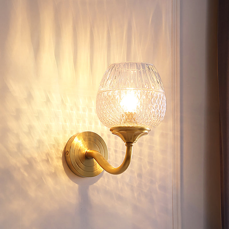 BowLift | Grid Brandy Glass Wall Lamp Contemporary Single Brass Wall Mounted Light with Curved Arm