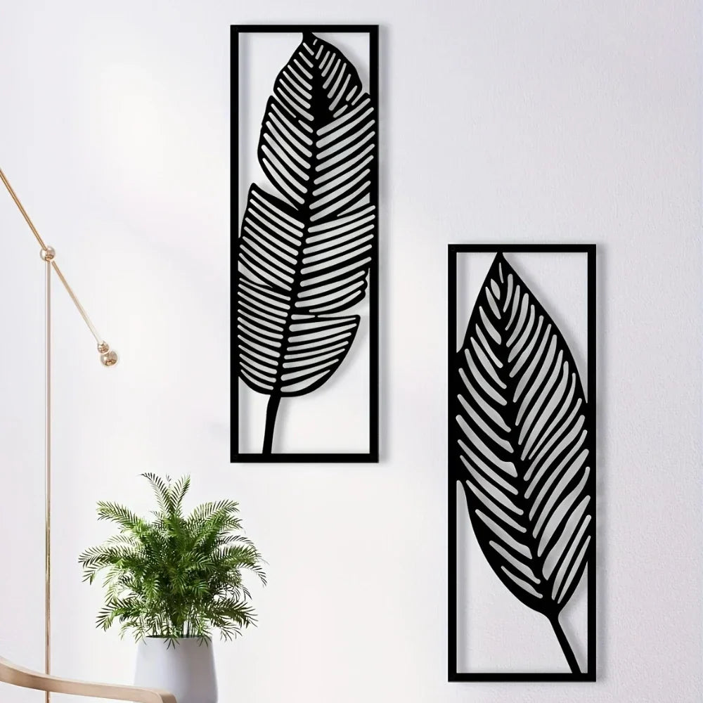 Set of 2Pcs Leaf Silhouettes Metal Wall Art 3D Sculptured Iron Craft Leaves Feathers Wall Decor For Living Room Dining Room Garden Creative Nordic Home Decor | Bowlift