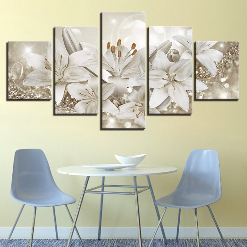 5 Piece Golden & White Background Flower - Canvas Wall Art Painting | Bowlift
