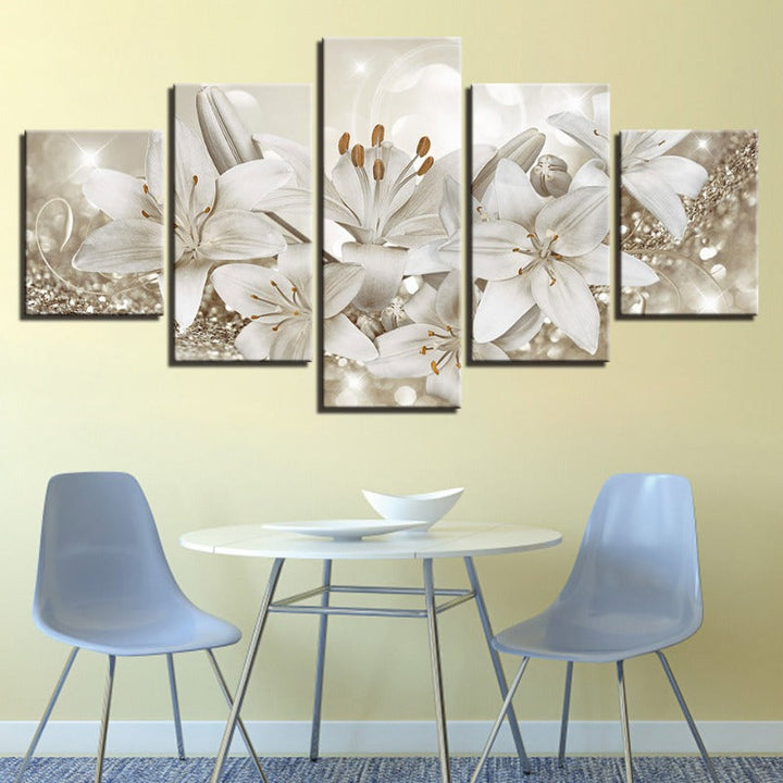 5 Piece Golden & White Background Flower - Canvas Wall Art Painting | Bowlift