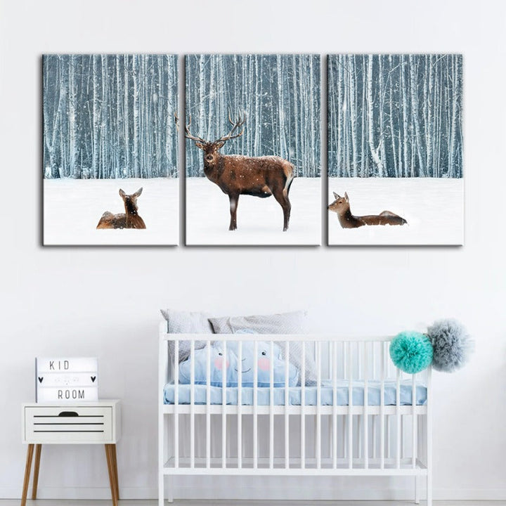Two Does And A Deer In Winter-Canvas Wall Art Painting 3 Pieces | Bowlift