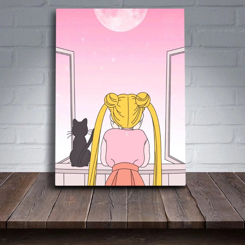 Girl And Her Moon Cat - Canvas Wall Art Painting | Bowlift