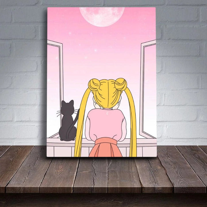 Girl And Her Moon Cat - Canvas Wall Art Painting | Bowlift