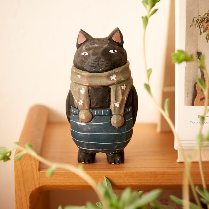 Handmade Cute Cat Wood Carving Ornaments | Bowlift