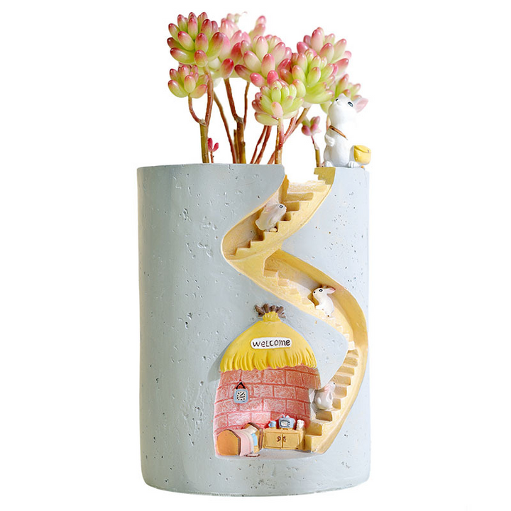 BowLift | Decorative plant pot with hedgehog and rabbit miniature – Creative staircase design for plants