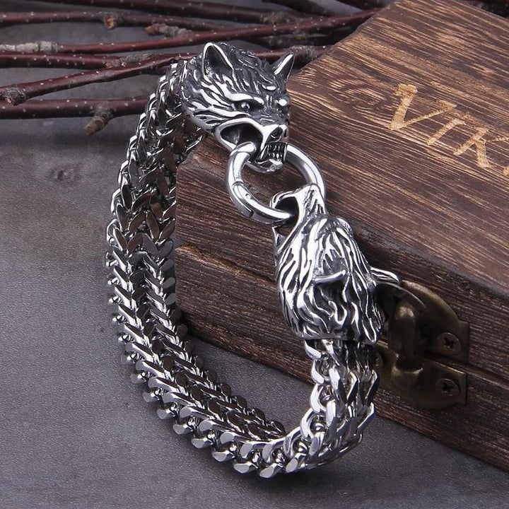 BowLift | Viking Stainless Steel Double Wolf Head Fenrir Bracelet