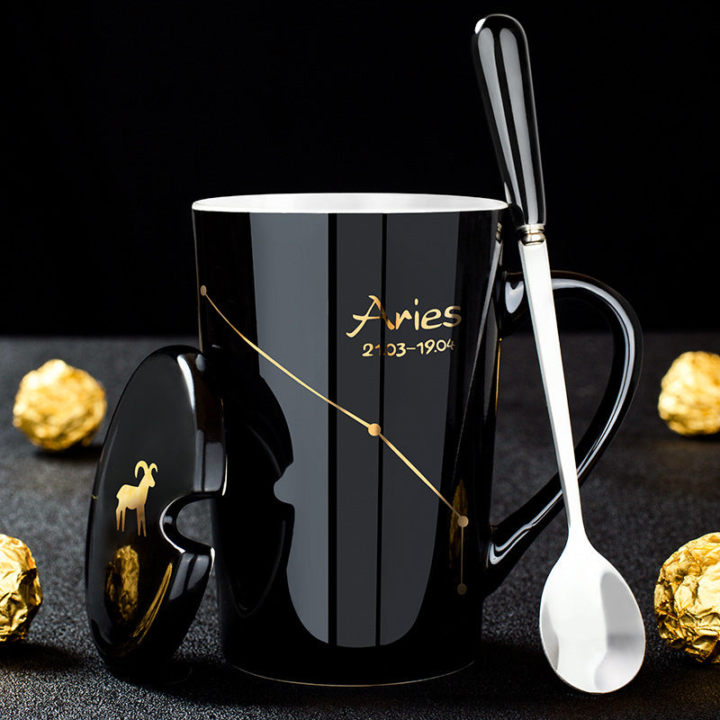 BowLift | 12 Zodiac Signs Black Ceramic Mug with Lid Spoon