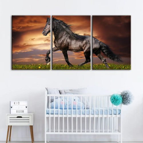 Running Black Horse-Canvas Wall Art Painting 3 Pieces | Bowlift