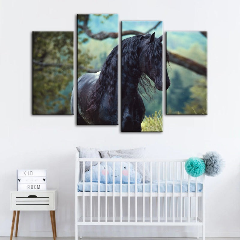 4 Piece Black Horse In Forest - Canvas Wall Art Painting | Bowlift
