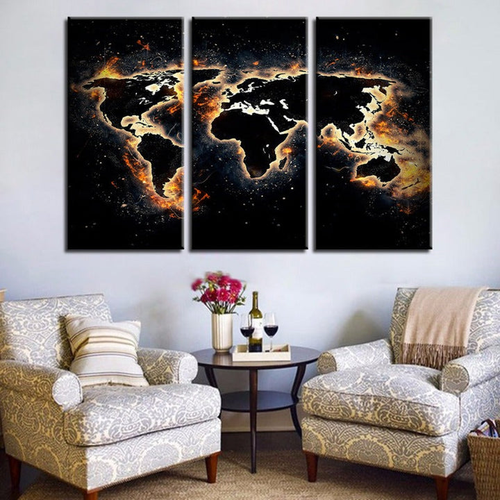 Fire and Black World Map-Canvas Wall Art Painting 3 Pieces | Bowlift