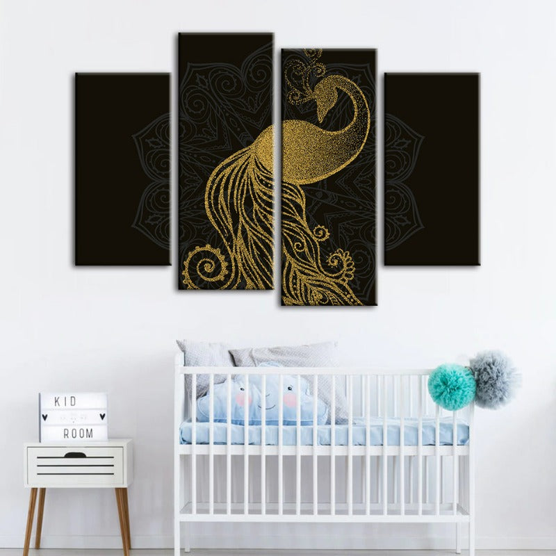 Abstract Golden Mandala Peacock-Canvas Wall Art Painting 4 Pieces | Bowlift