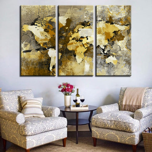 Beautiful Abstract Yellow Brown World Map-Canvas Wall Art Painting 3 Pieces | Bowlift