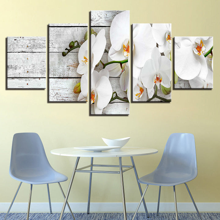 White Wood And Orchids 5 Piece - Canvas Wall Art Painting | Bowlift