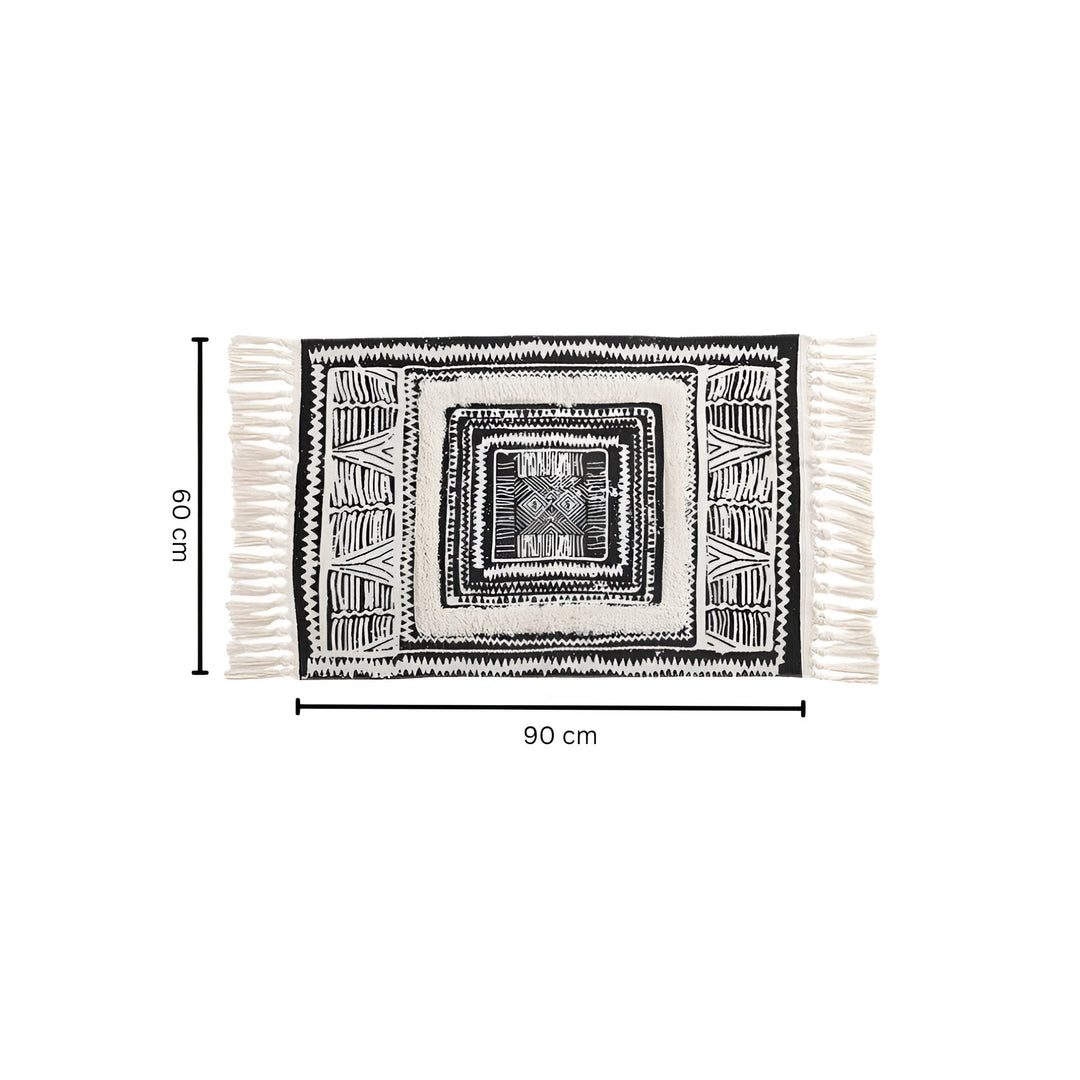BowLift | Black and White Geometric Tassel Floor Mat