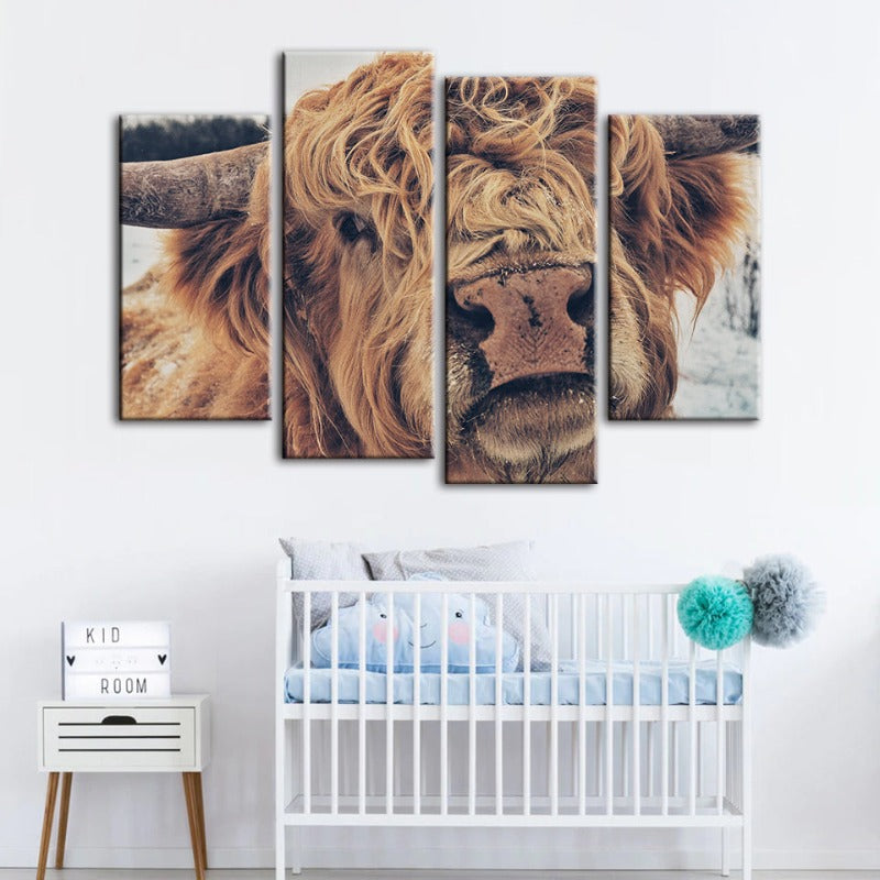 4 Piece Close Up Brown Cow - Canvas Wall Art Painting | Bowlift