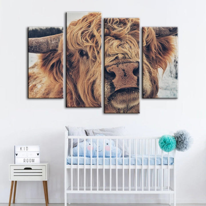 4 Piece Close Up Brown Cow - Canvas Wall Art Painting | Bowlift