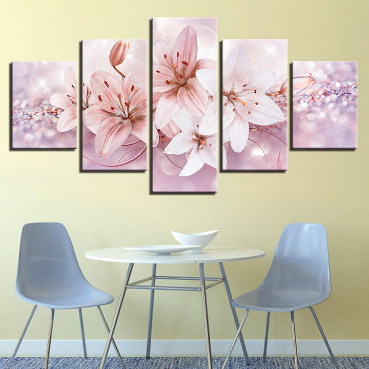 Glittering Soft Pink Flowers 5 Piece - Canvas Wall Art Painting | Bowlift