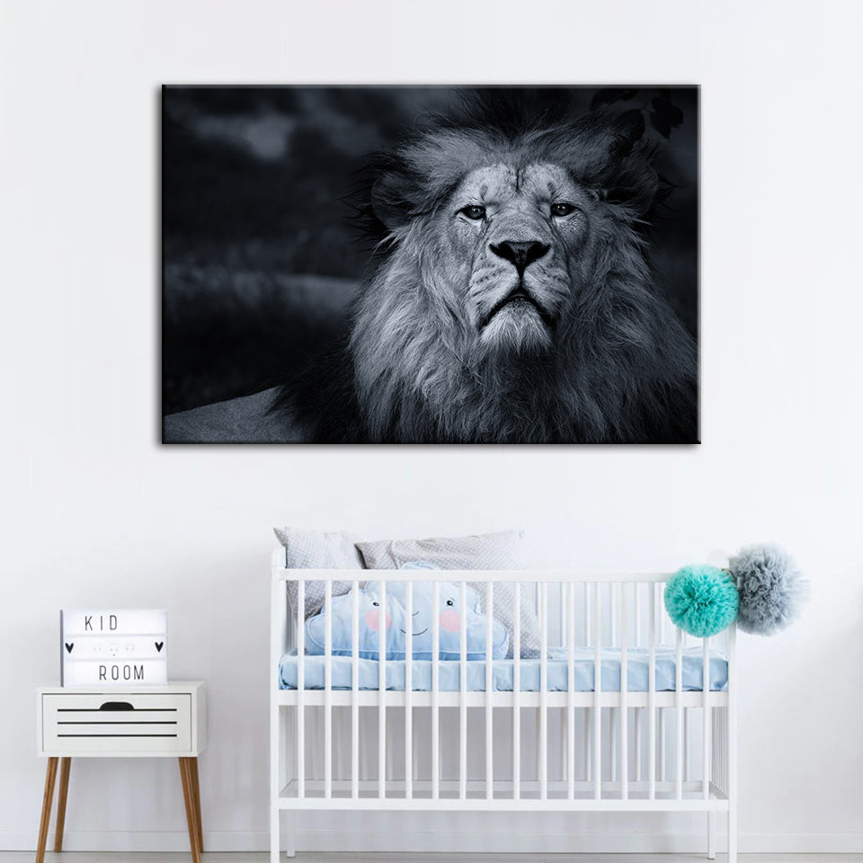 Grayscale Concerned Lion - Canvas Wall Art Painting | Bowlift