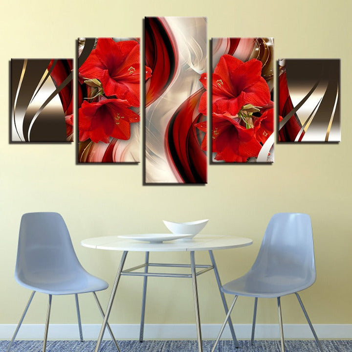5 Piece Black Background Red Hibiscus Flower - Canvas Wall Art Painting | Bowlift